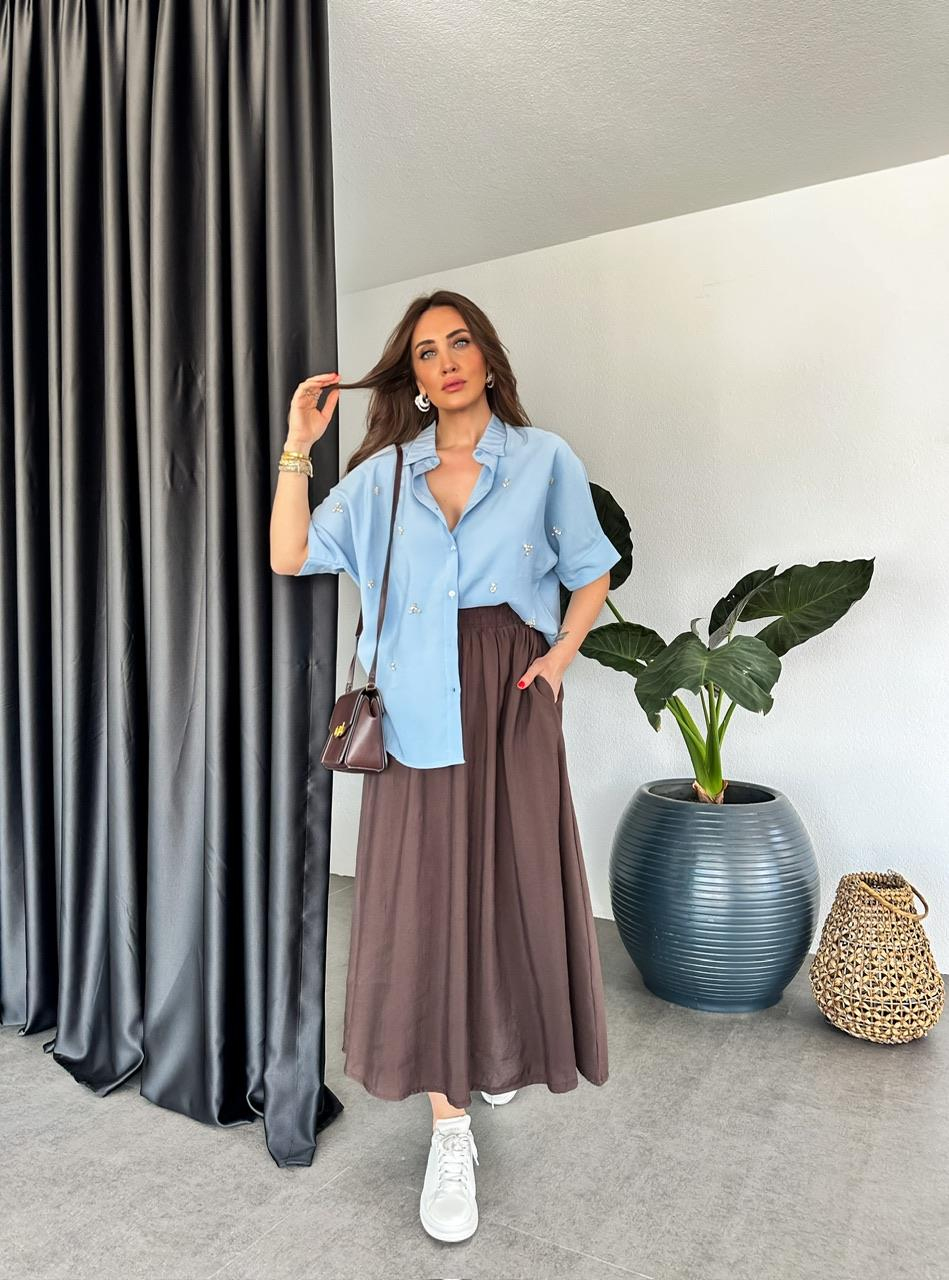 Mavi Serpme Taşlı Model Gömlek