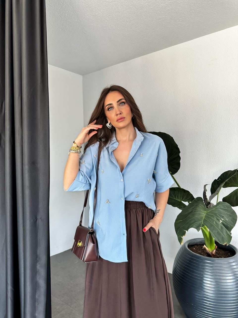 Mavi Serpme Taşlı Model Gömlek