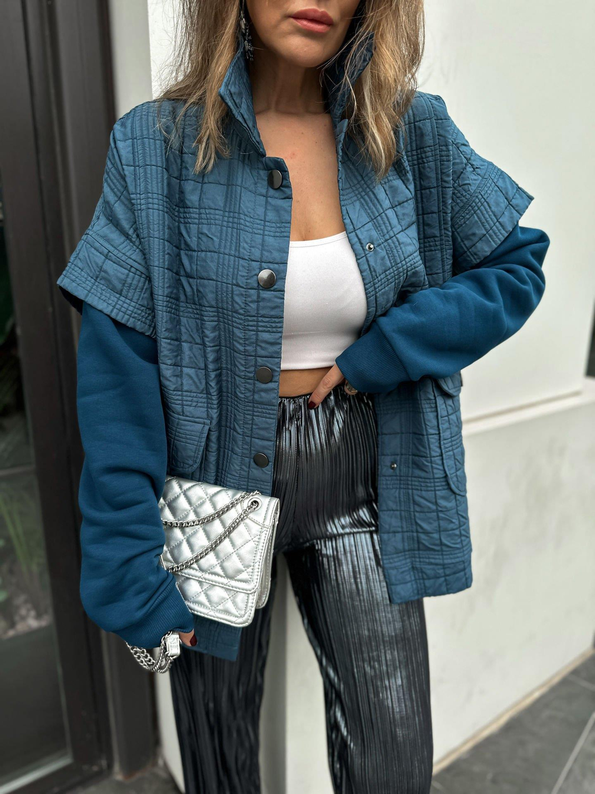 Mavi Sweat Detaylı Çıtçıtlı Ceket