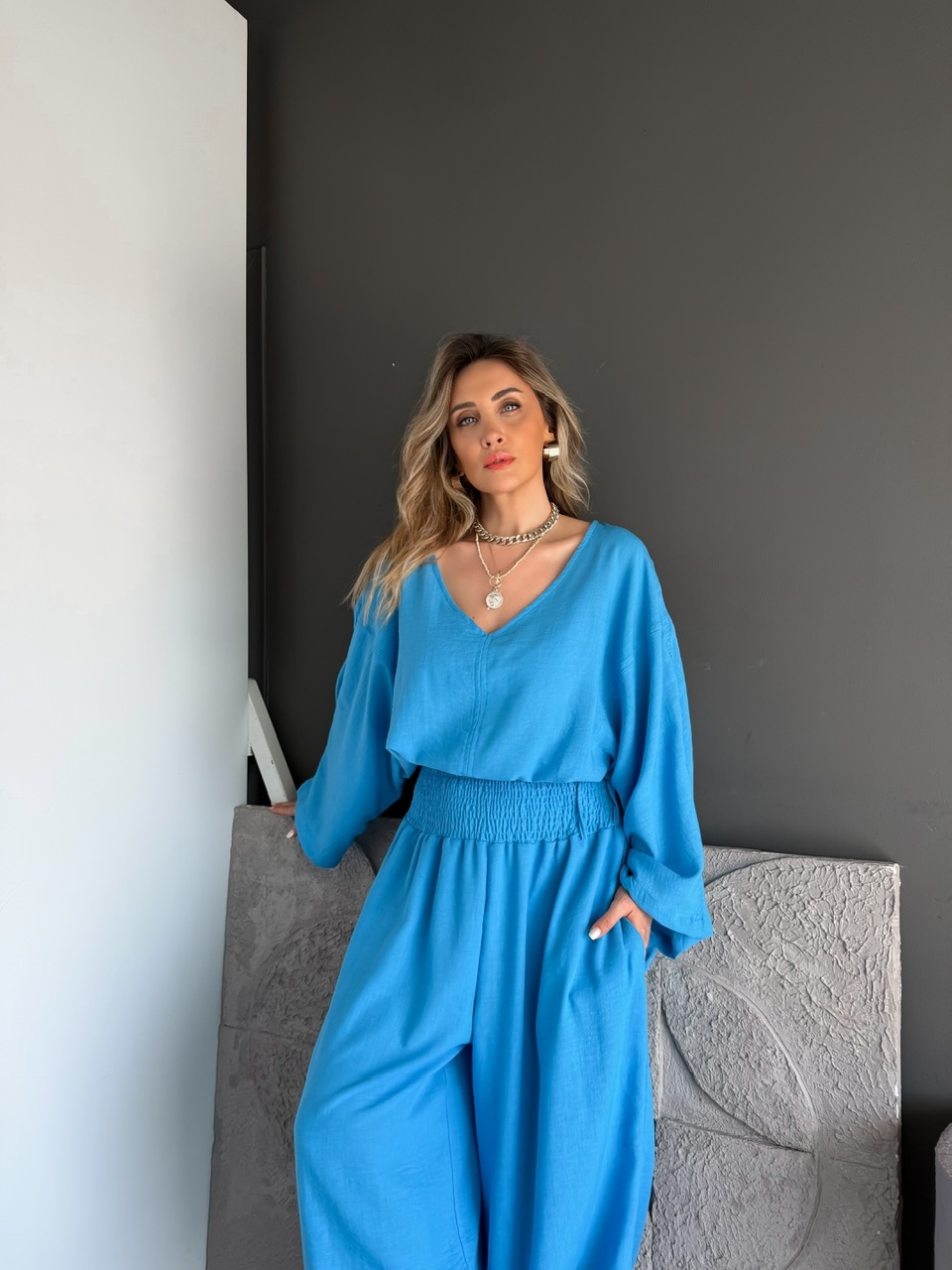 Mavi Tasarım Şalvarlı Keten Takım