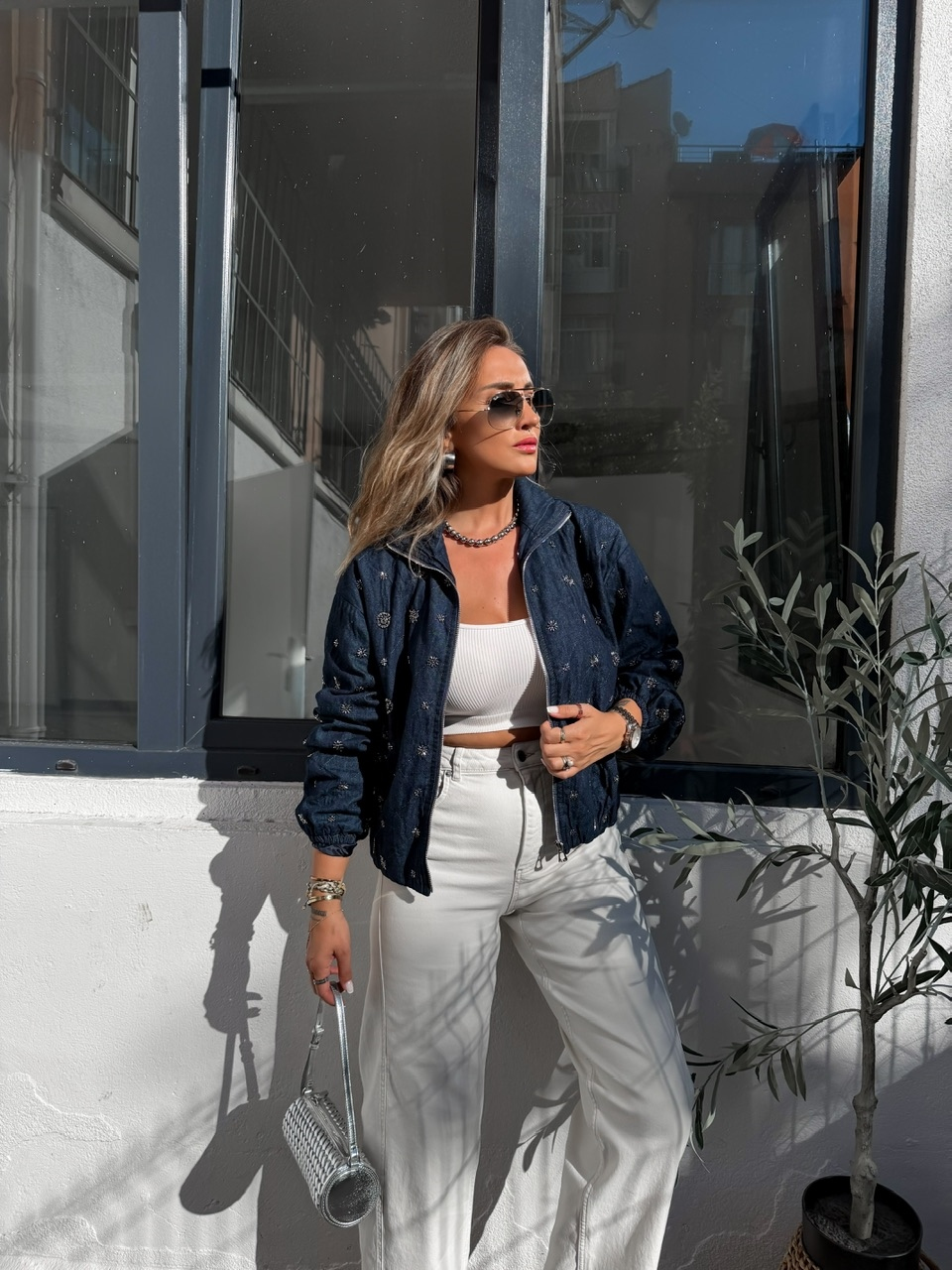 Mavi Taşlı Bomber Denim Ceket
