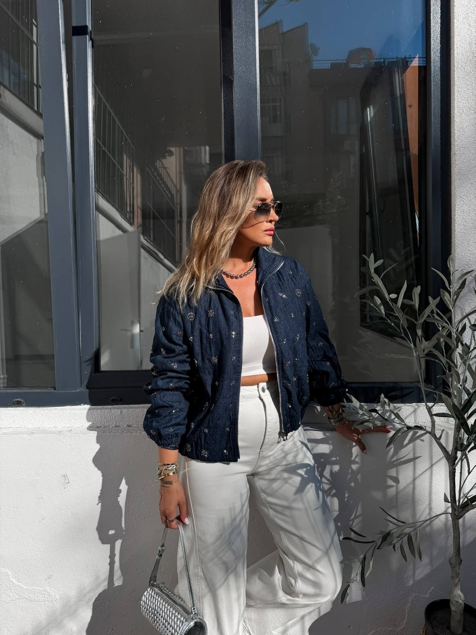 Mavi Taşlı Bomber Denim Ceket