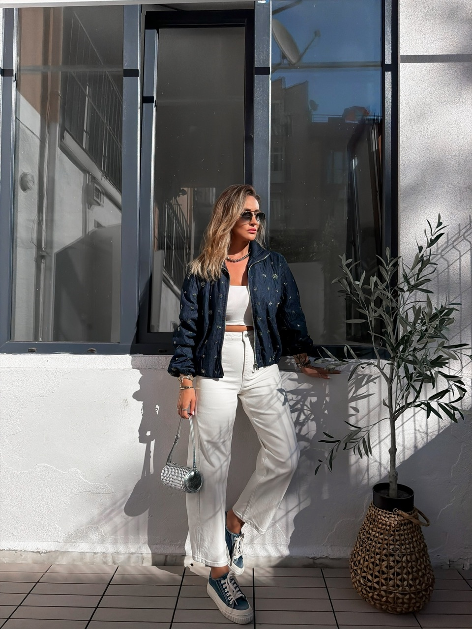 Mavi Taşlı Bomber Denim Ceket