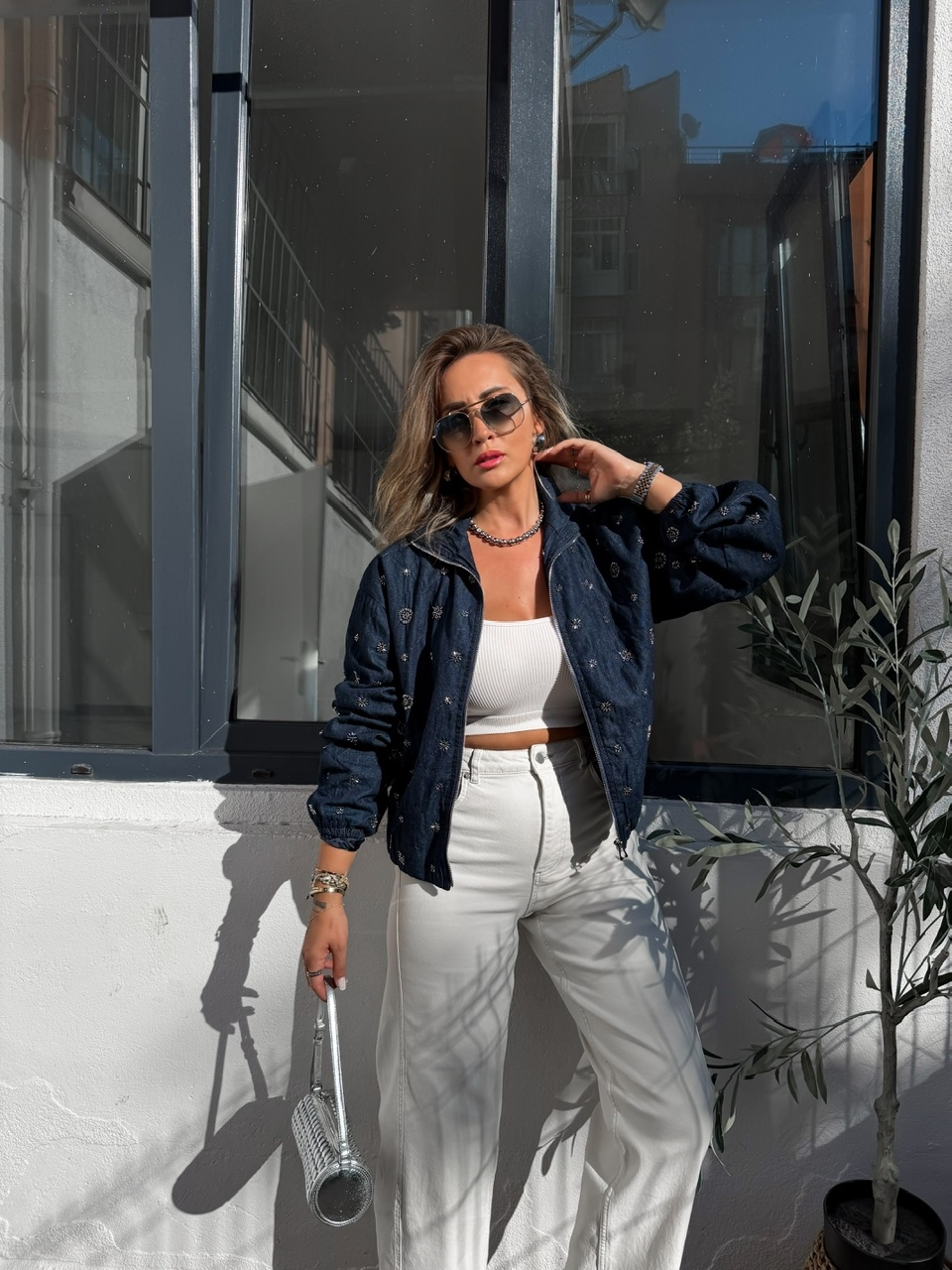 Mavi Taşlı Bomber Denim Ceket