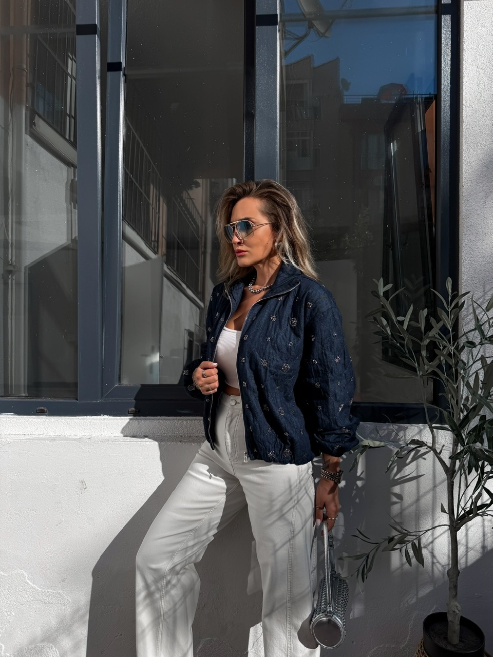Mavi Taşlı Bomber Denim Ceket