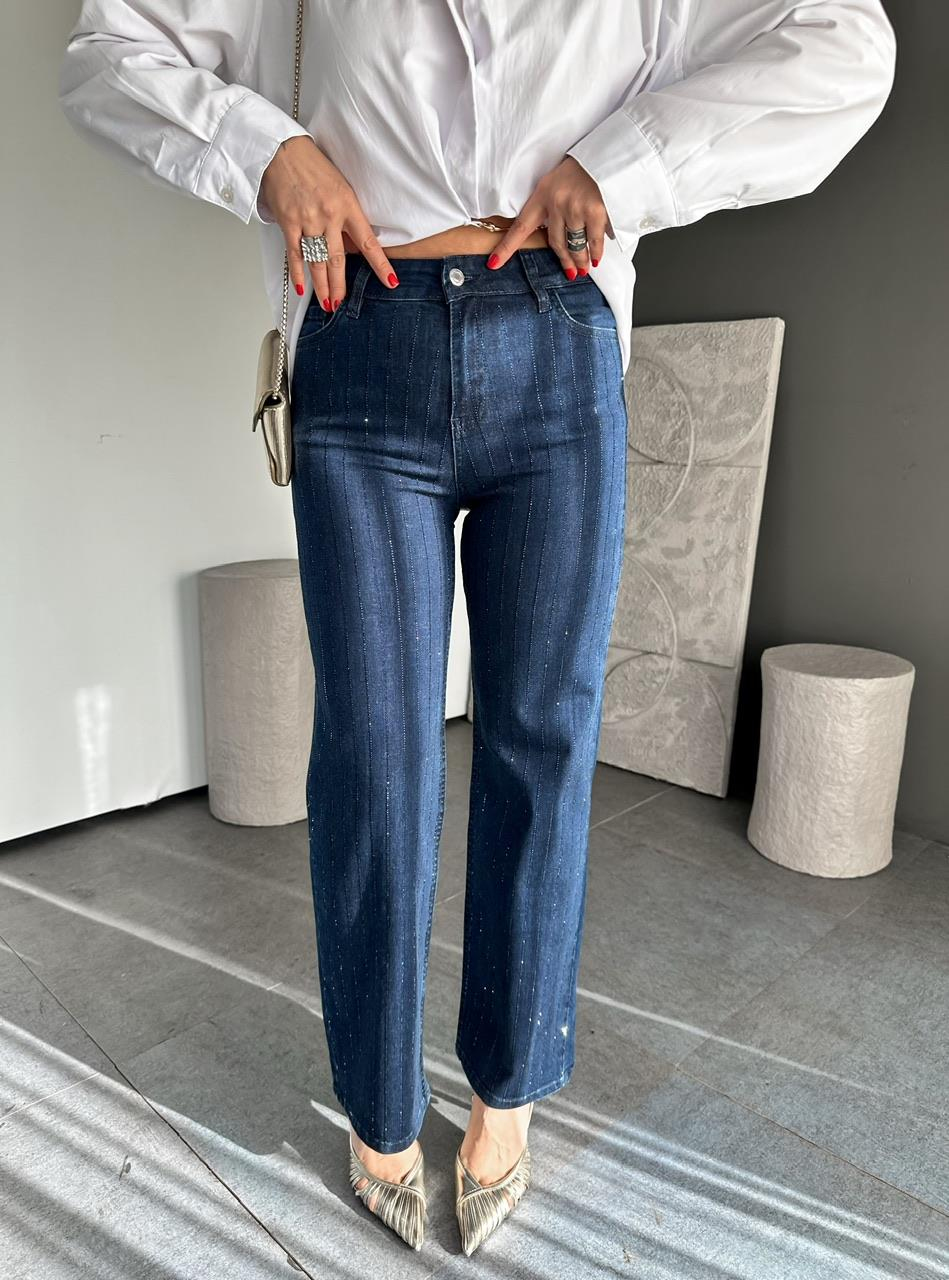 Mavi Taşlı Likralı Jean