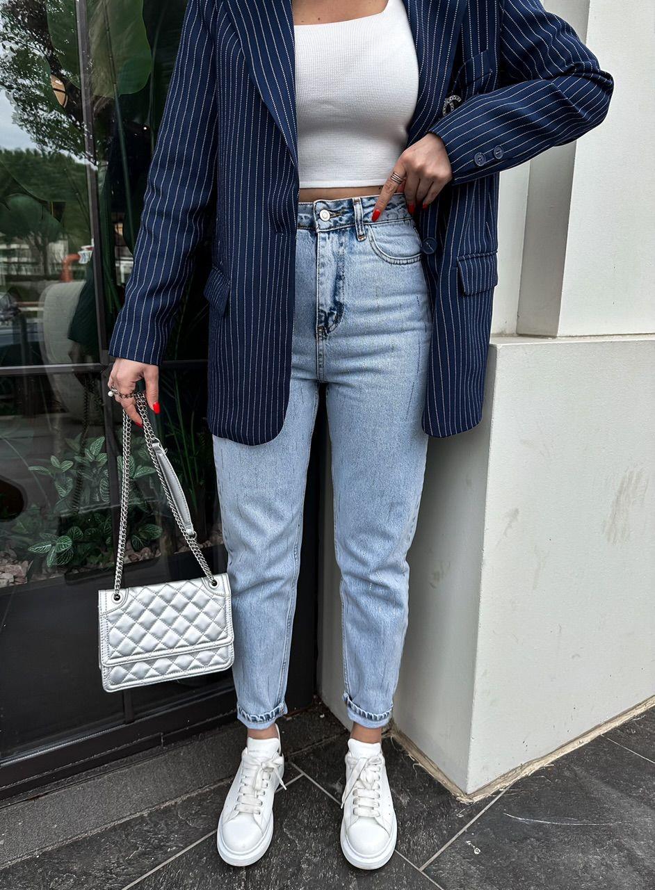 Mavi Taşlı Mom Jean