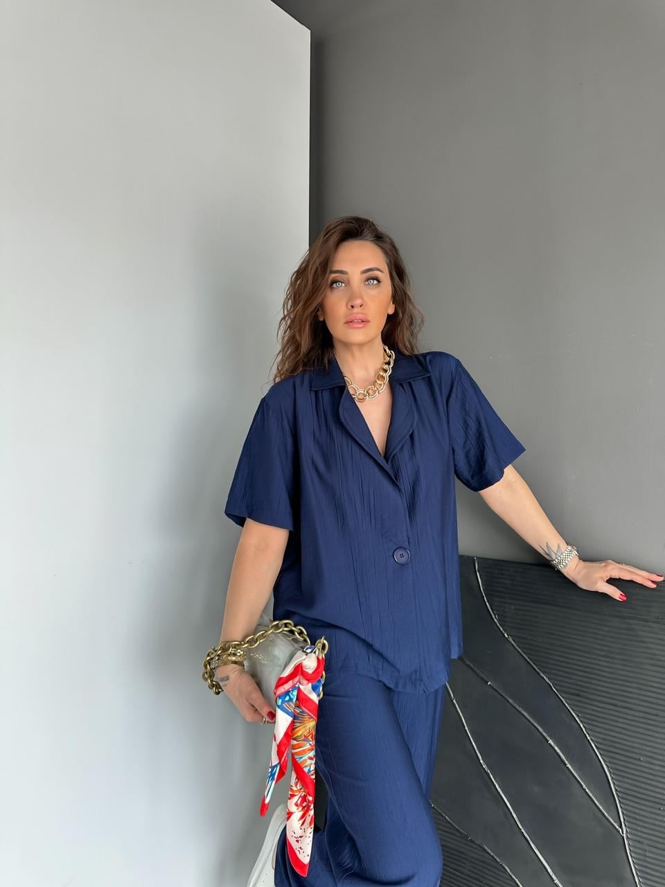 Mavi Tek Düğmeli Modal Ceketli Takım