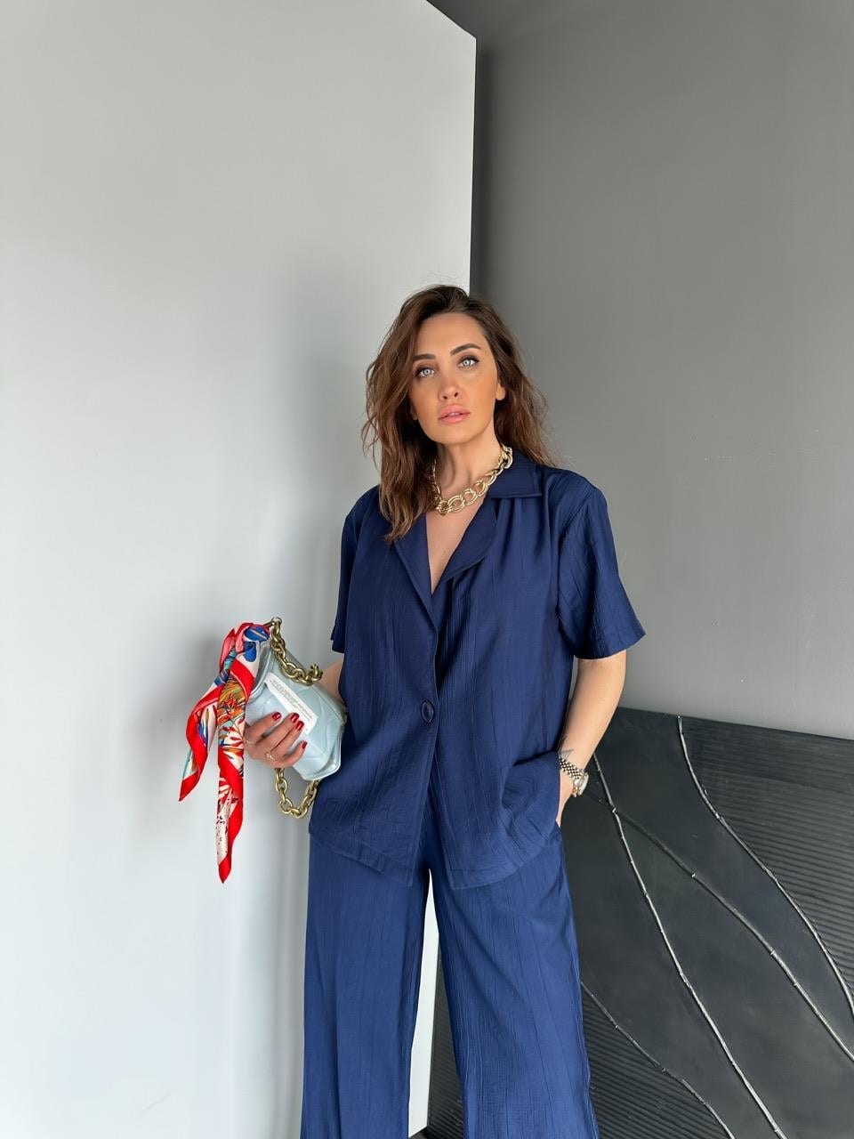 Mavi Tek Düğmeli Modal Ceketli Takım