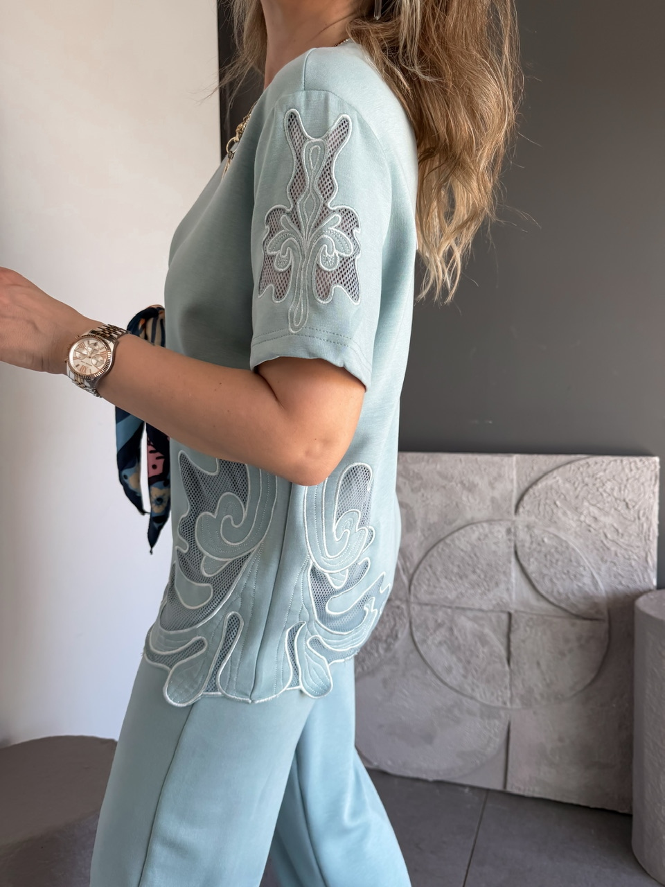 Mavi Tek Yanı Nakışlı Modal Takım