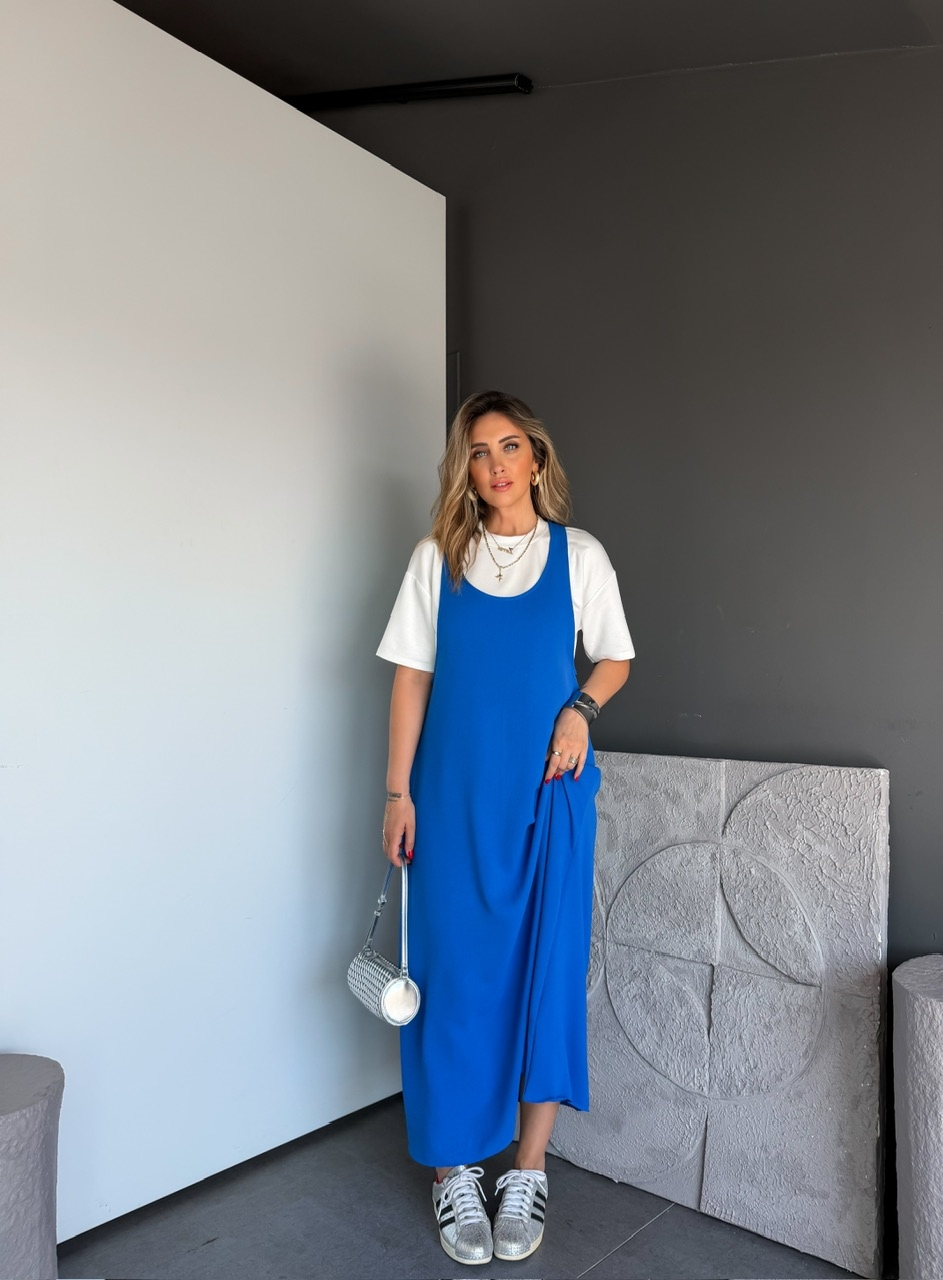 Mavi Tshirtlü Askılı Basic Elbise