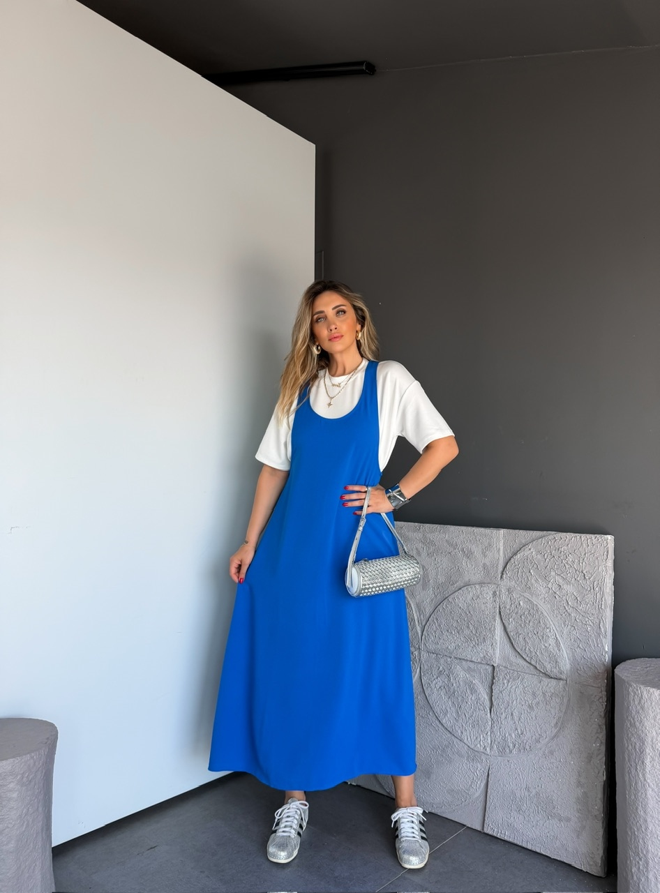Mavi Tshirtlü Askılı Basic Elbise