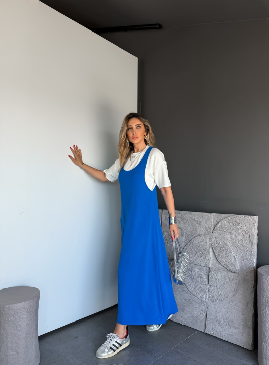 Mavi Tshirtlü Askılı Basic Elbise