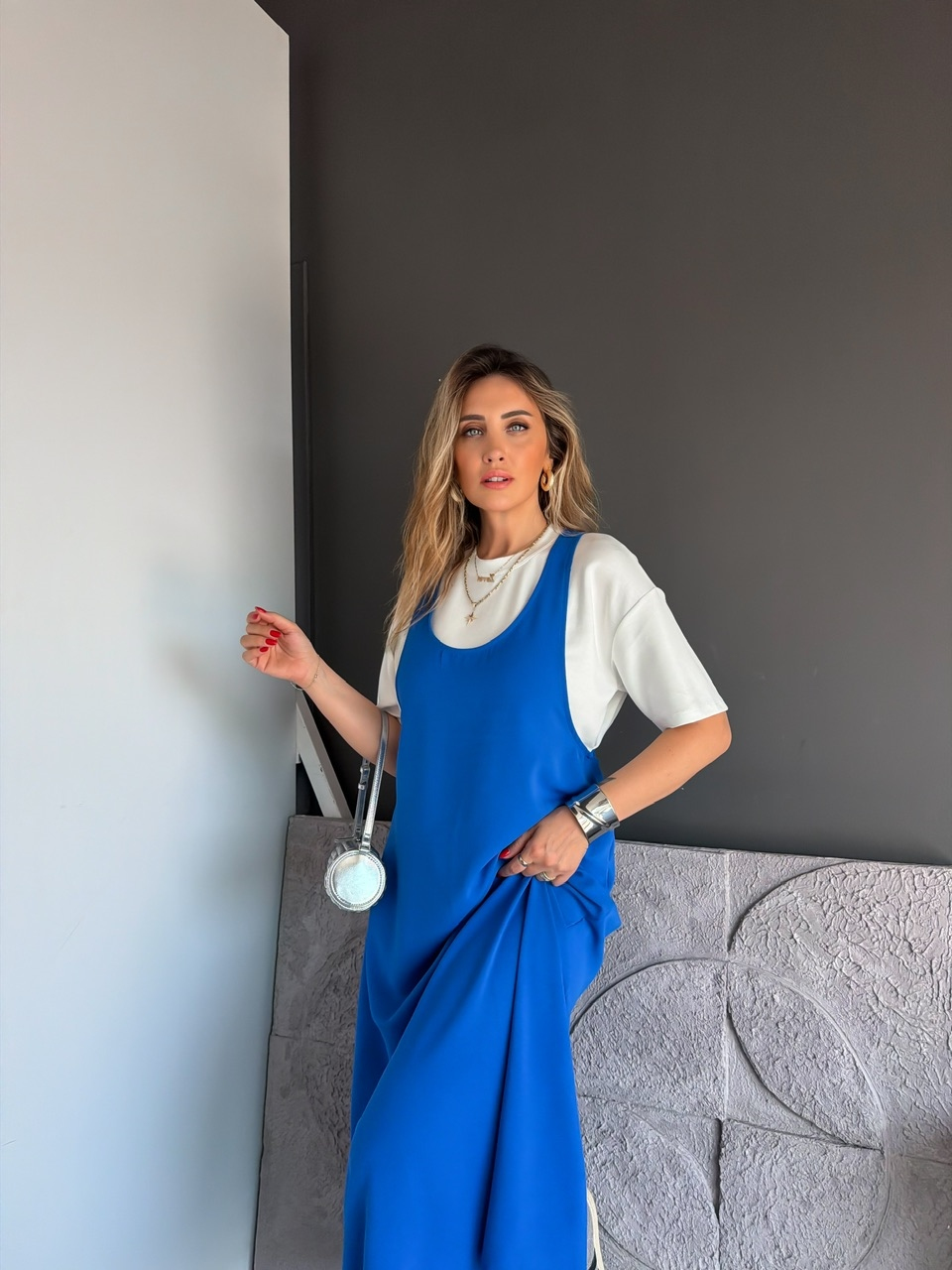 Mavi Tshirtlü Askılı Basic Elbise