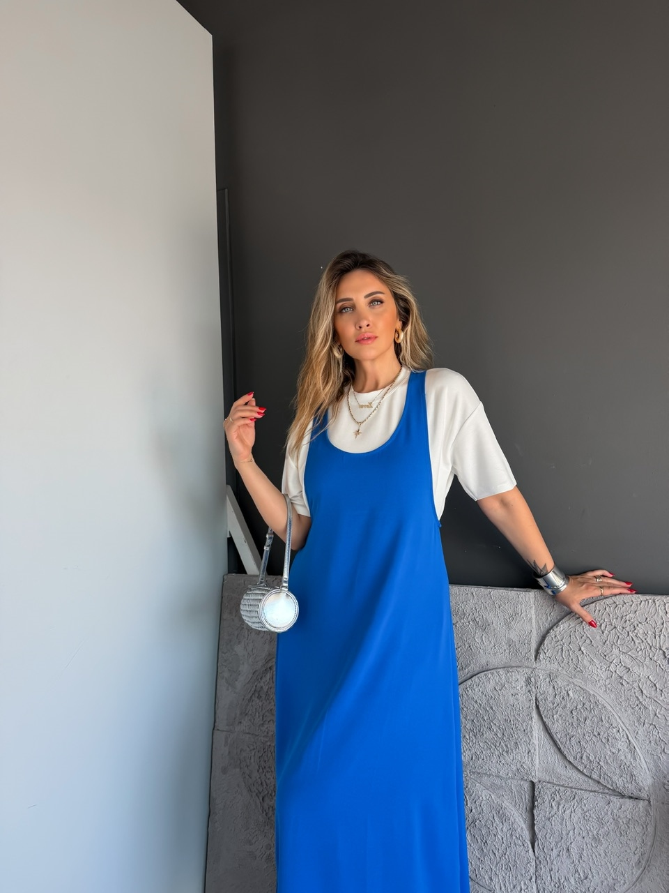 Mavi Tshirtlü Askılı Basic Elbise