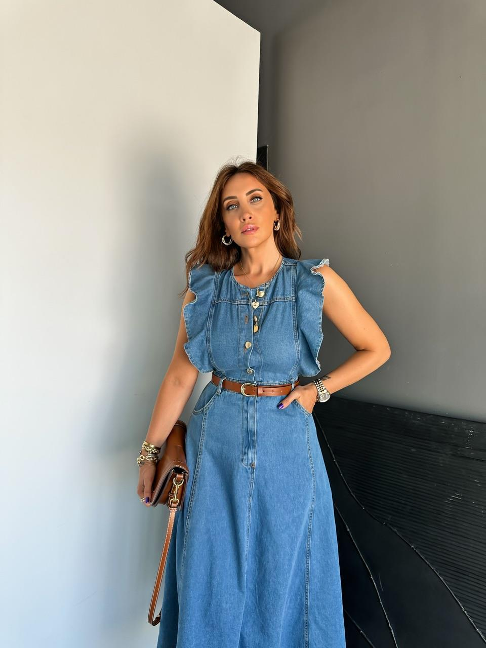 Mavi Volanlı Kemerli Kot Elbise