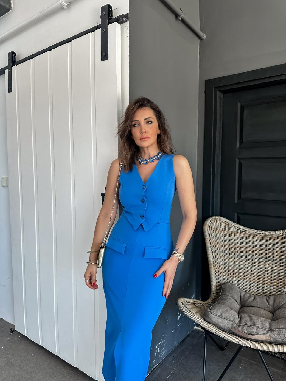 Mavi Yelek Detaylı Tasarım Elbise