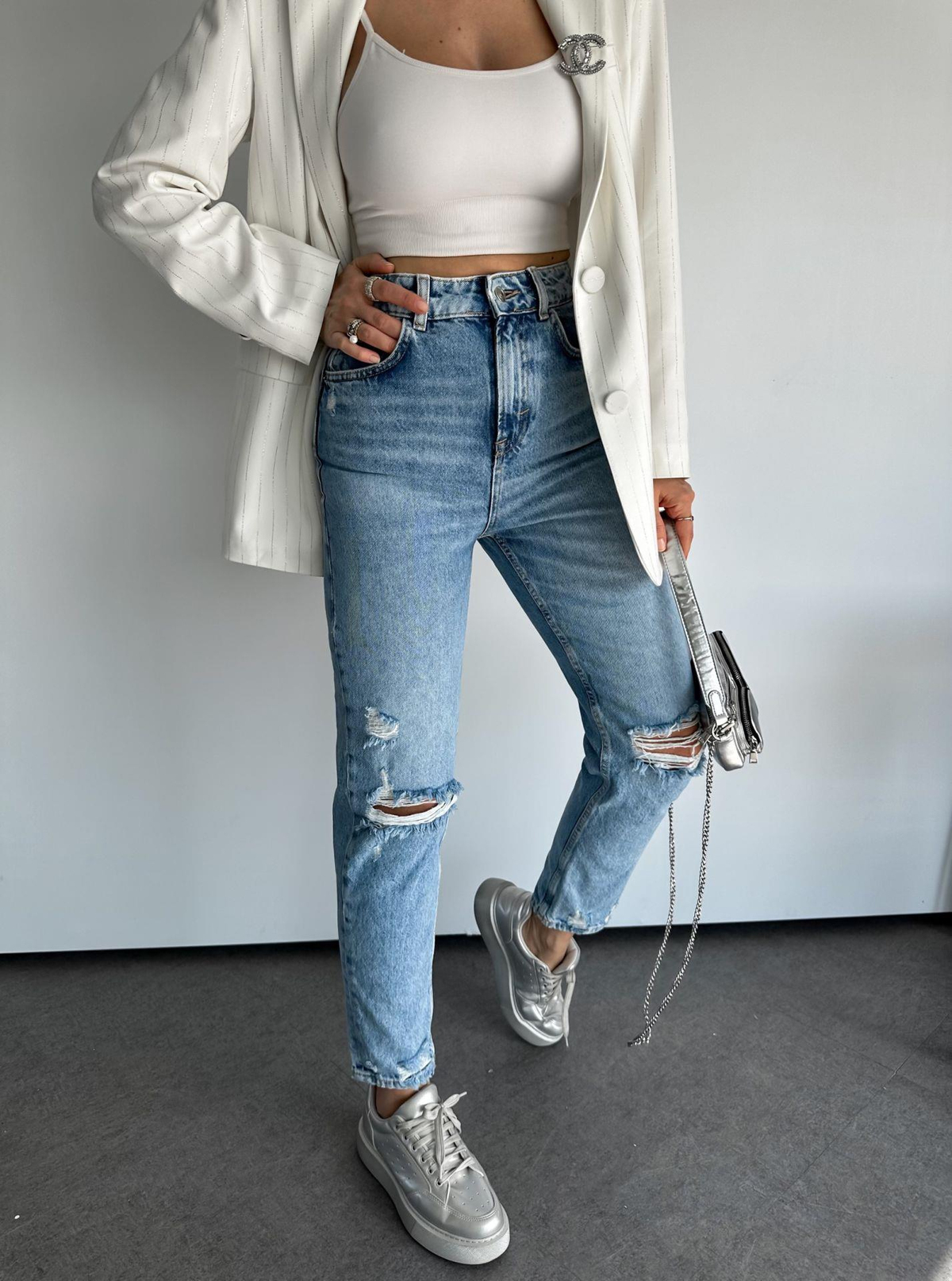Mavi Yırtıklı Premium Mom Jean