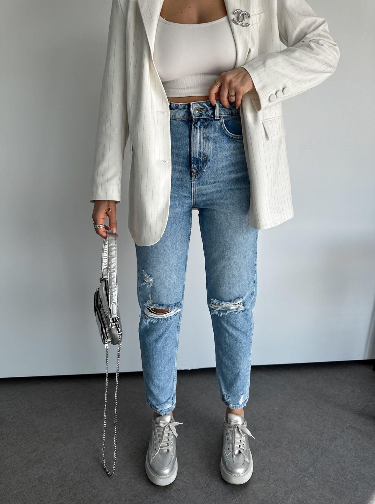Mavi Yırtıklı Premium Mom Jean