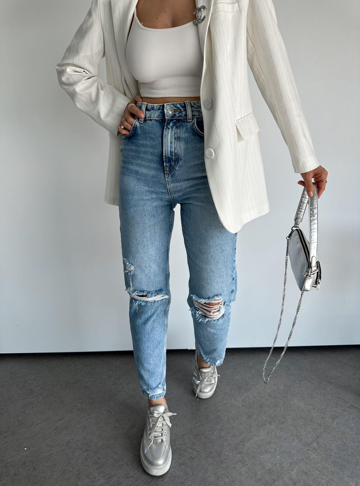 Mavi Yırtıklı Premium Mom Jean