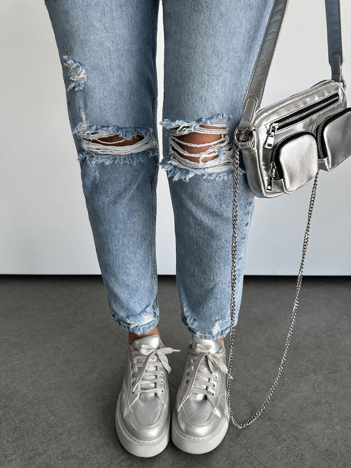 Mavi Yırtıklı Premium Mom Jean