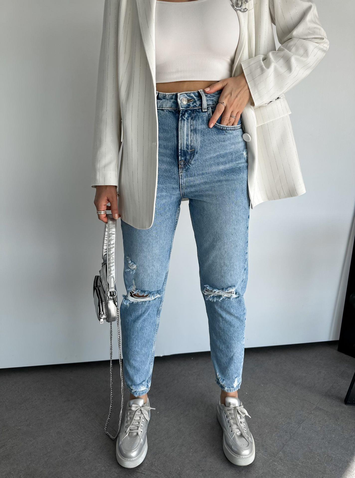 Mavi Yırtıklı Premium Mom Jean