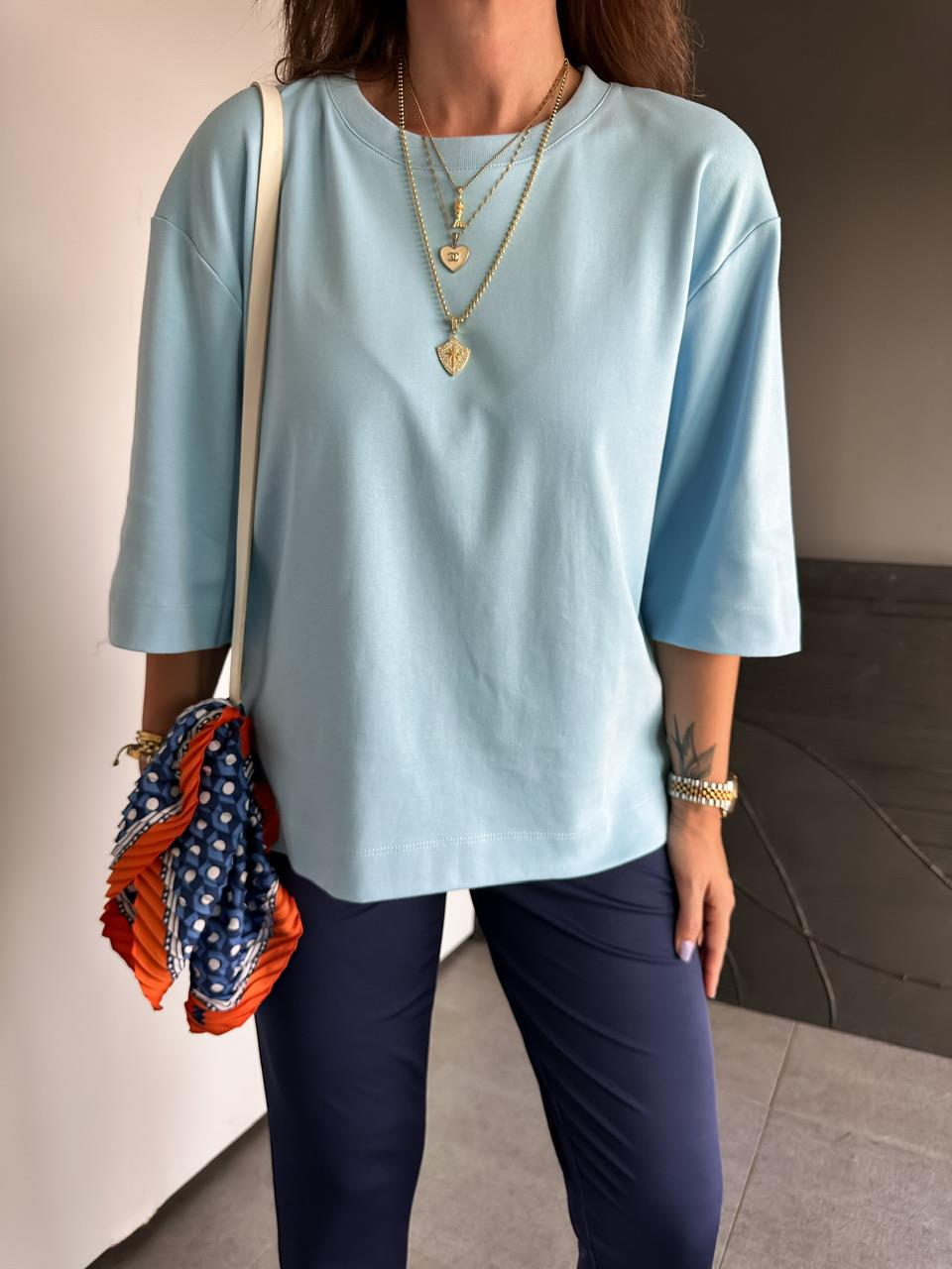 Mavi Yırtmaçlı Cotton Oversize Tshirt
