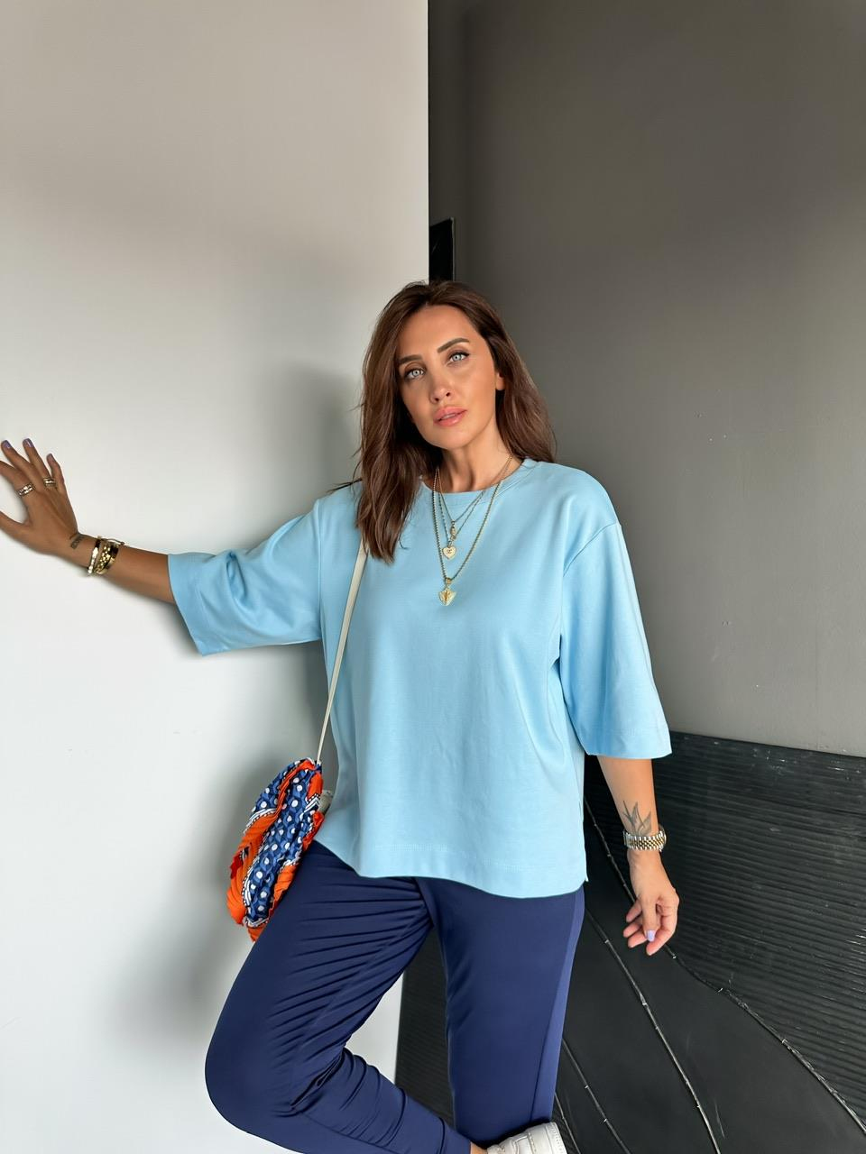 Mavi Yırtmaçlı Cotton Oversize Tshirt