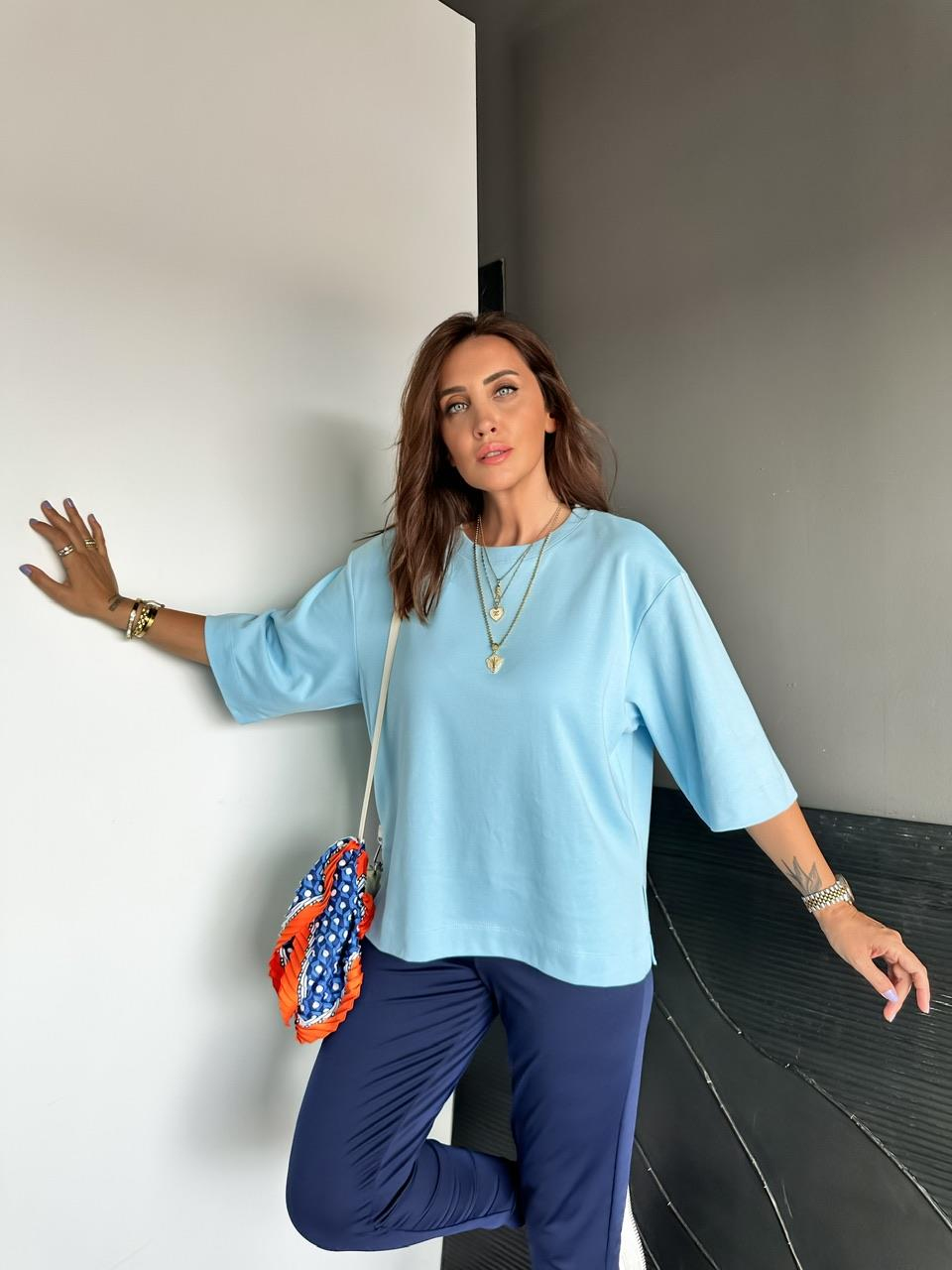 Mavi Yırtmaçlı Cotton Oversize Tshirt