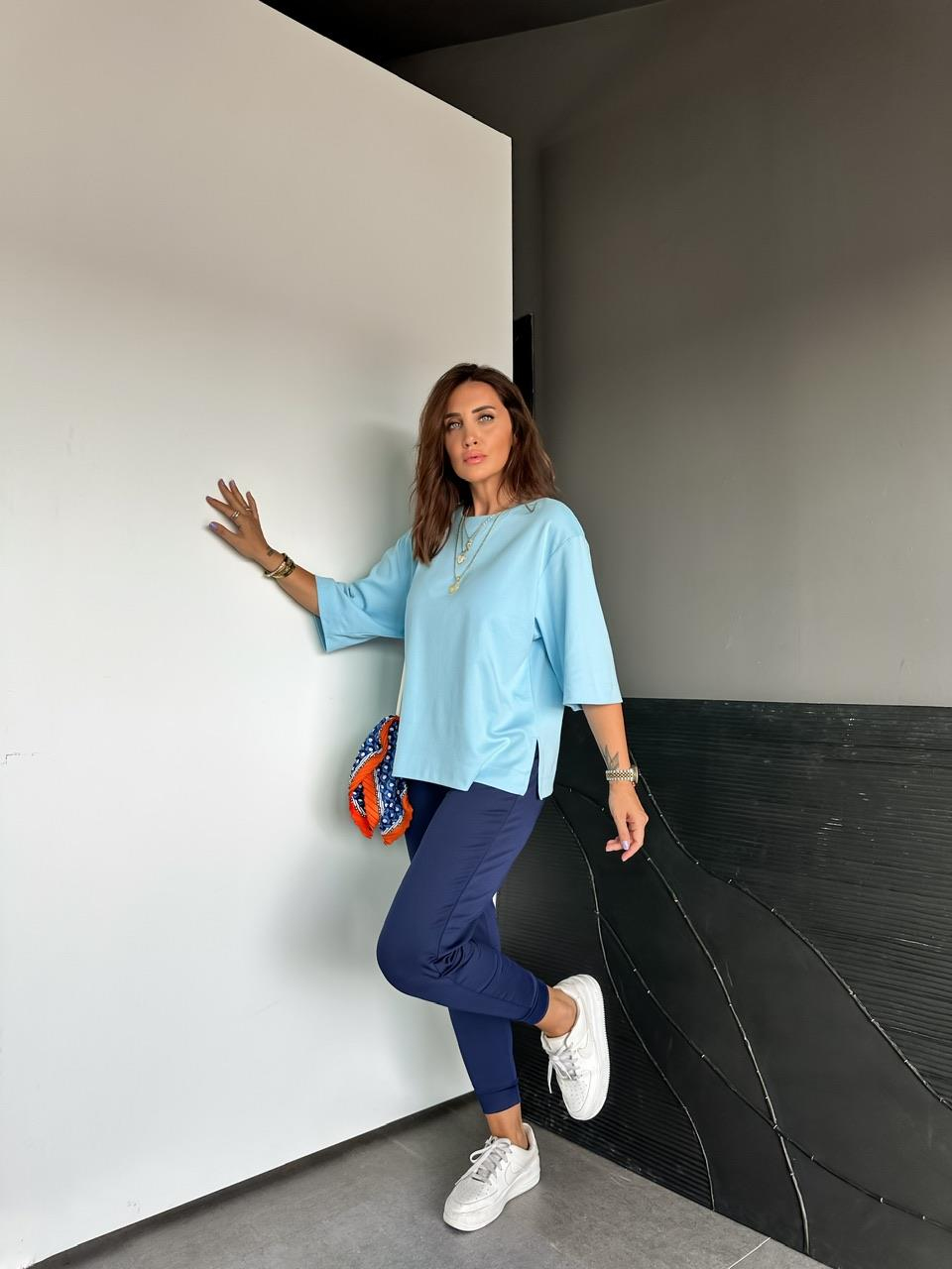 Mavi Yırtmaçlı Cotton Oversize Tshirt