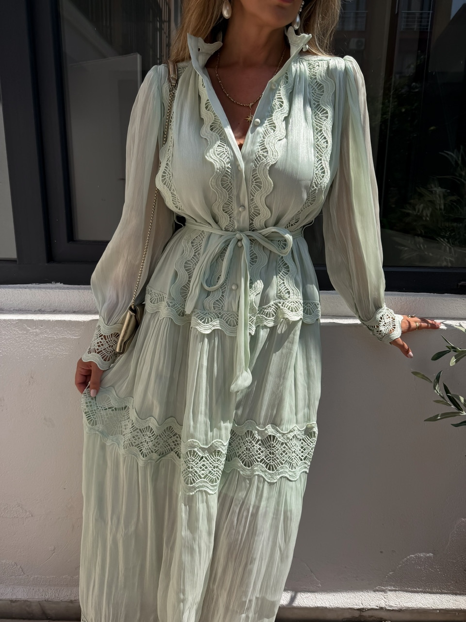 Mint Fistolu Maxi Boy Şifon Elbise