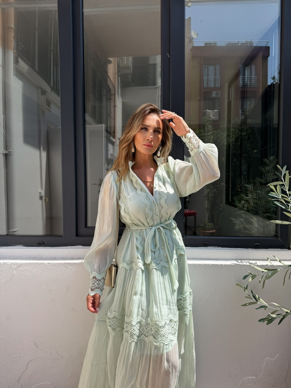 Mint Fistolu Maxi Boy Şifon Elbise