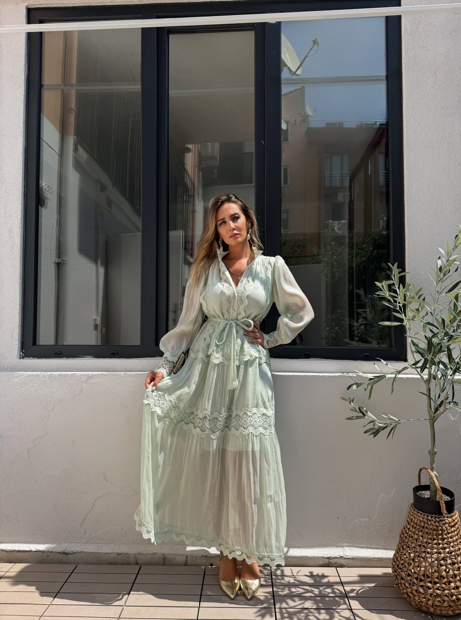 Mint Fistolu Maxi Boy Şifon Elbise