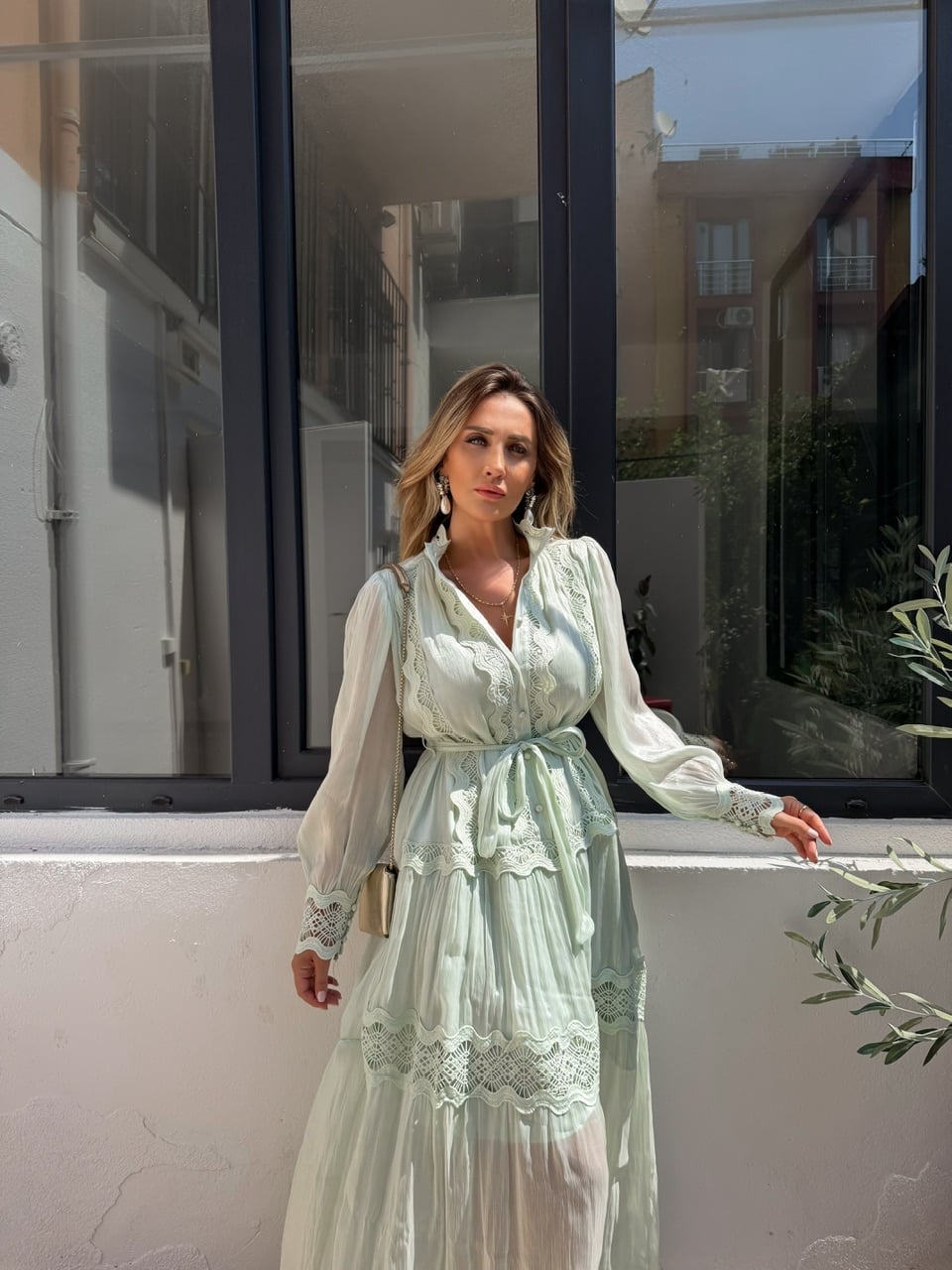 Mint Fistolu Maxi Boy Şifon Elbise