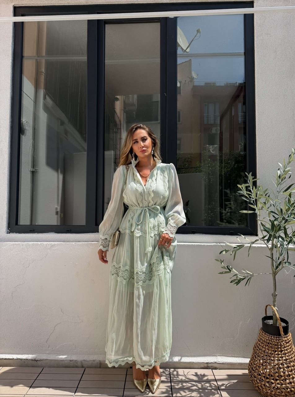 Mint Fistolu Maxi Boy Şifon Elbise