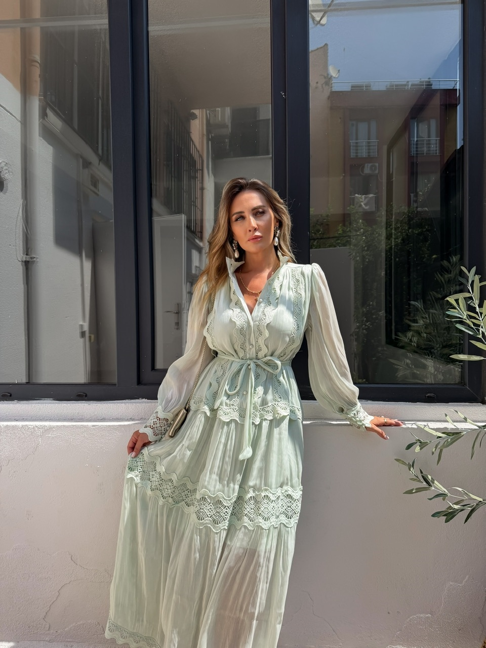 Mint Fistolu Maxi Boy Şifon Elbise