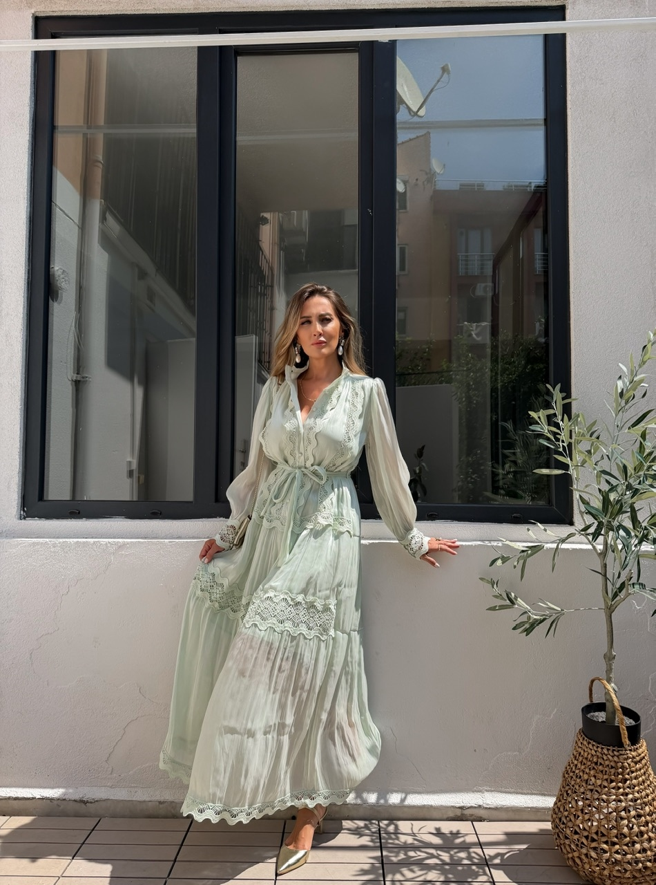 Mint Fistolu Maxi Boy Şifon Elbise