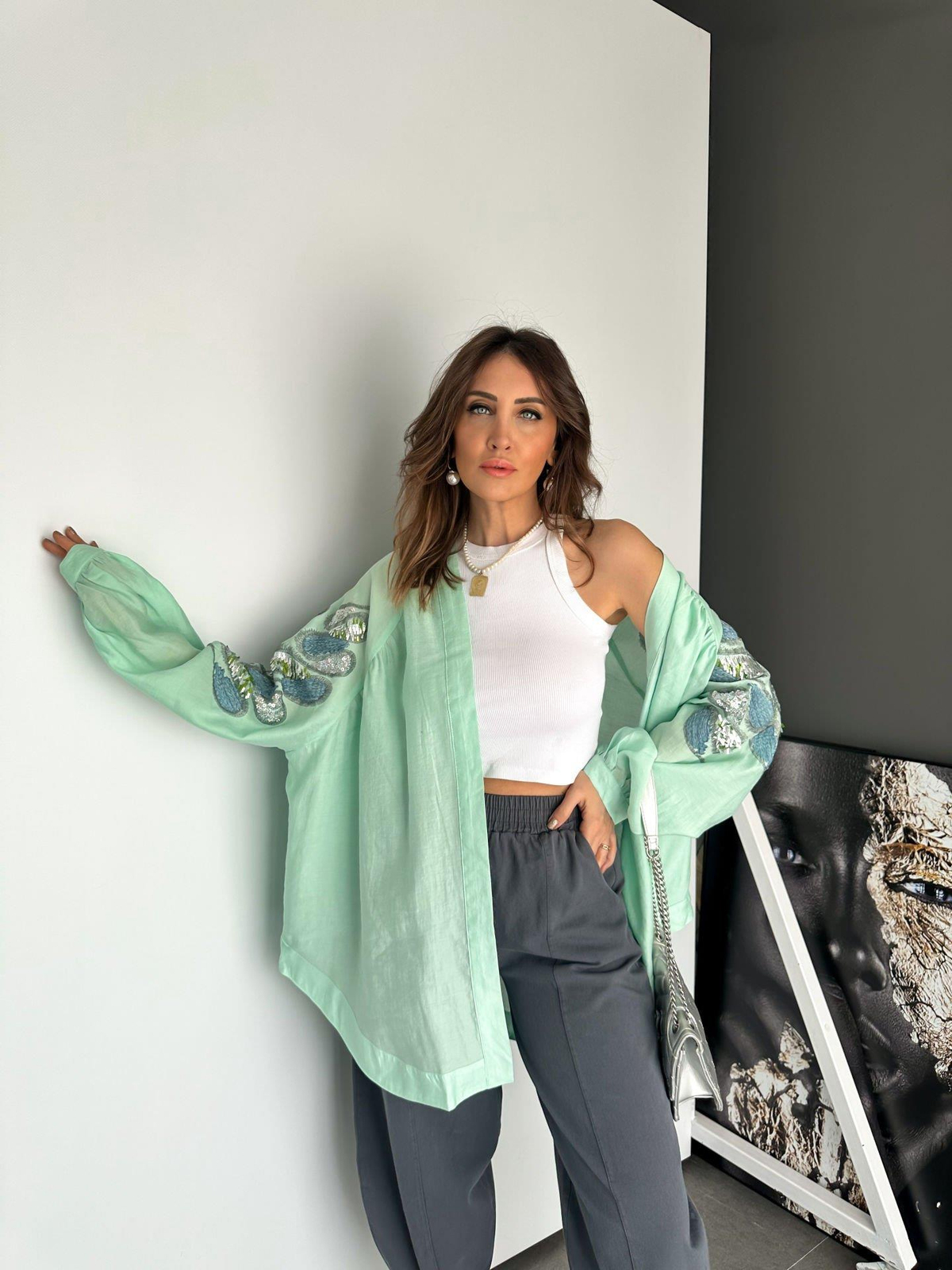 Mint Pul ve Nakış İşlemeli Kimono