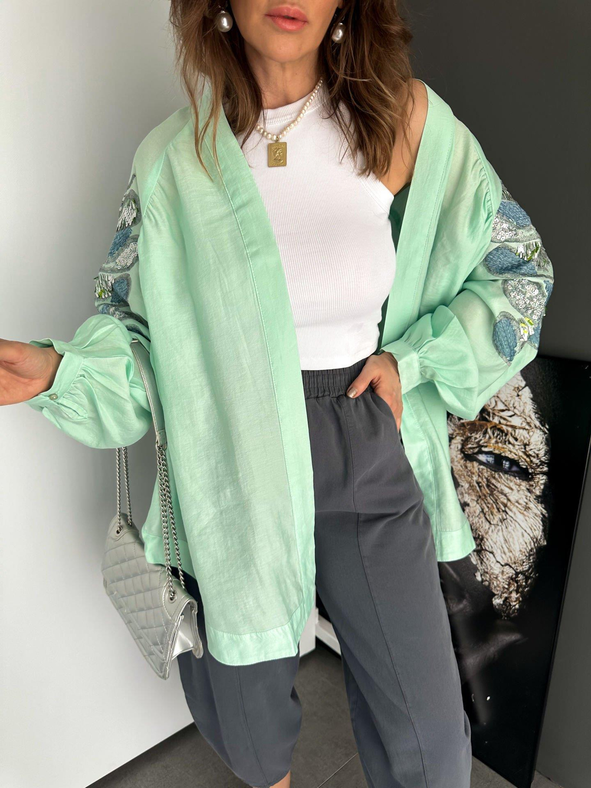 Mint Pul ve Nakış İşlemeli Kimono