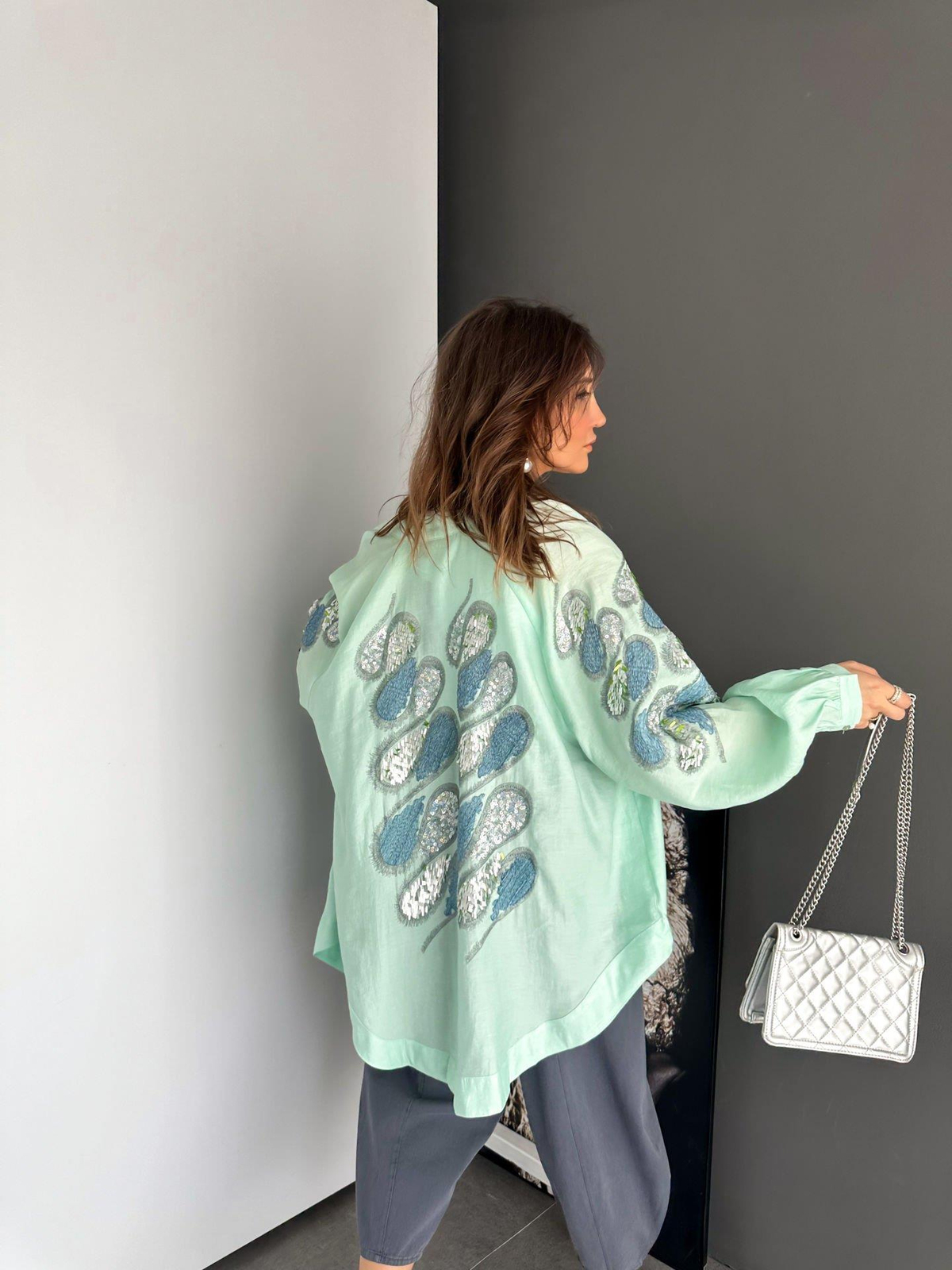 Mint Pul ve Nakış İşlemeli Kimono