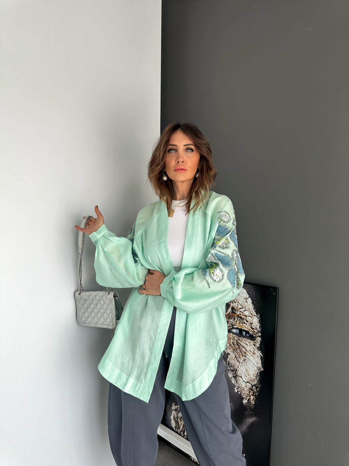 Mint Pul ve Nakış İşlemeli Kimono
