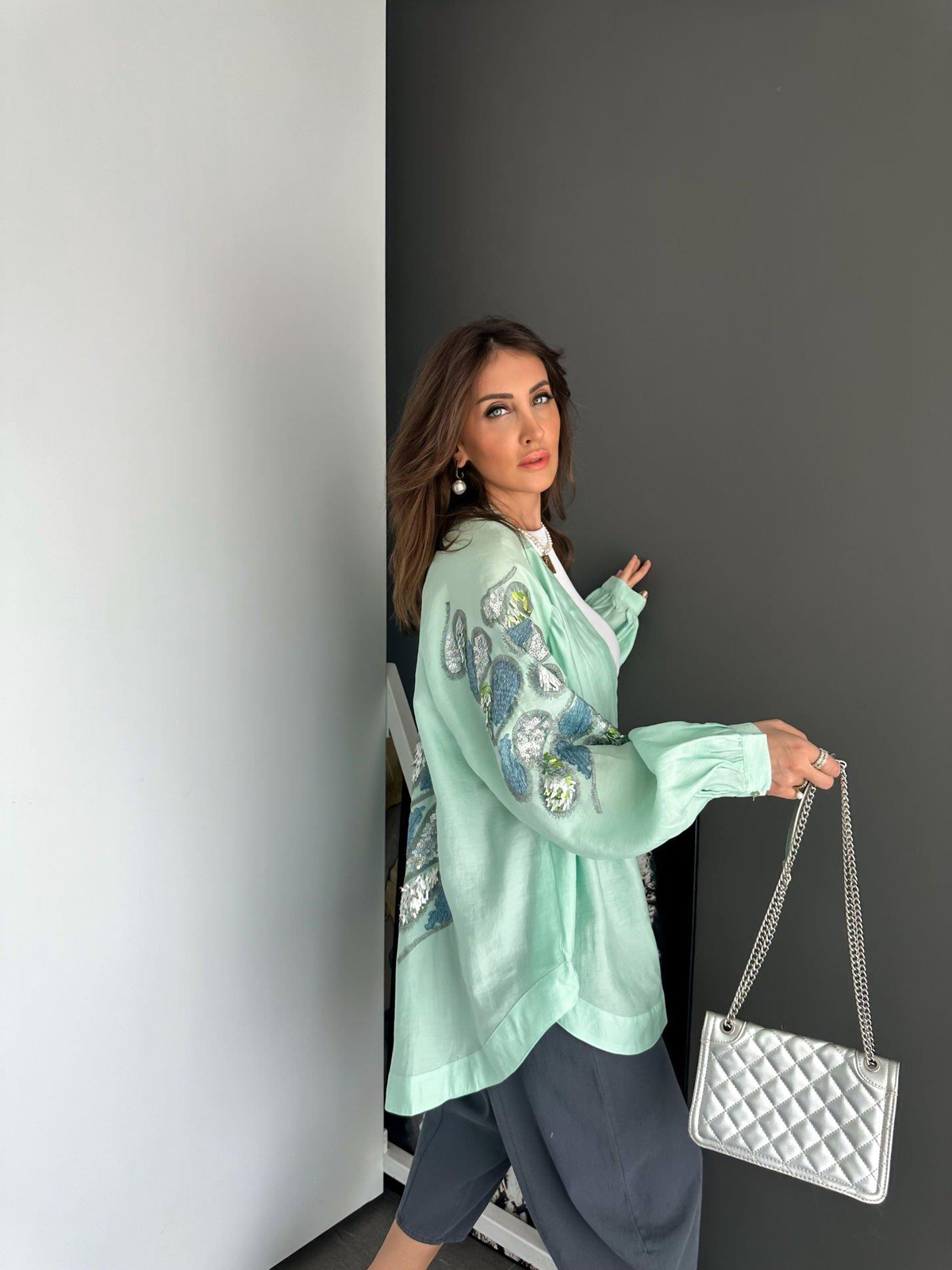 Mint Pul ve Nakış İşlemeli Kimono