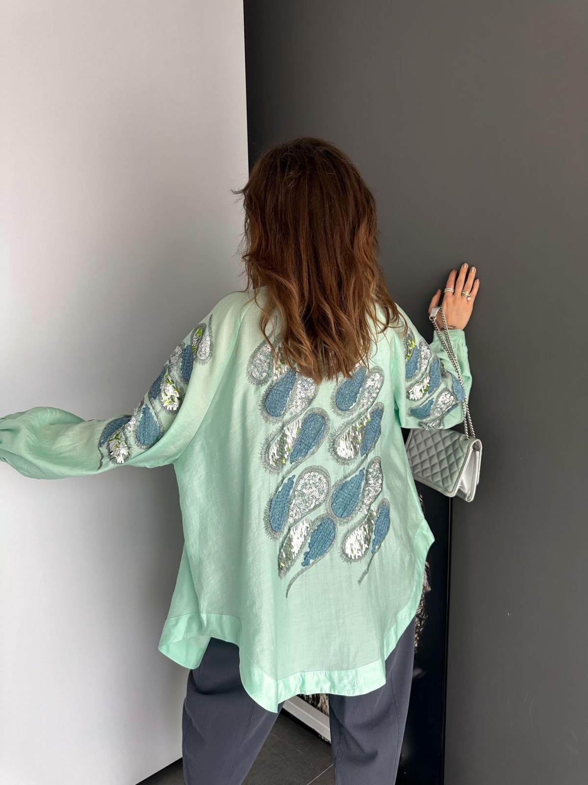 Mint Pul ve Nakış İşlemeli Kimono
