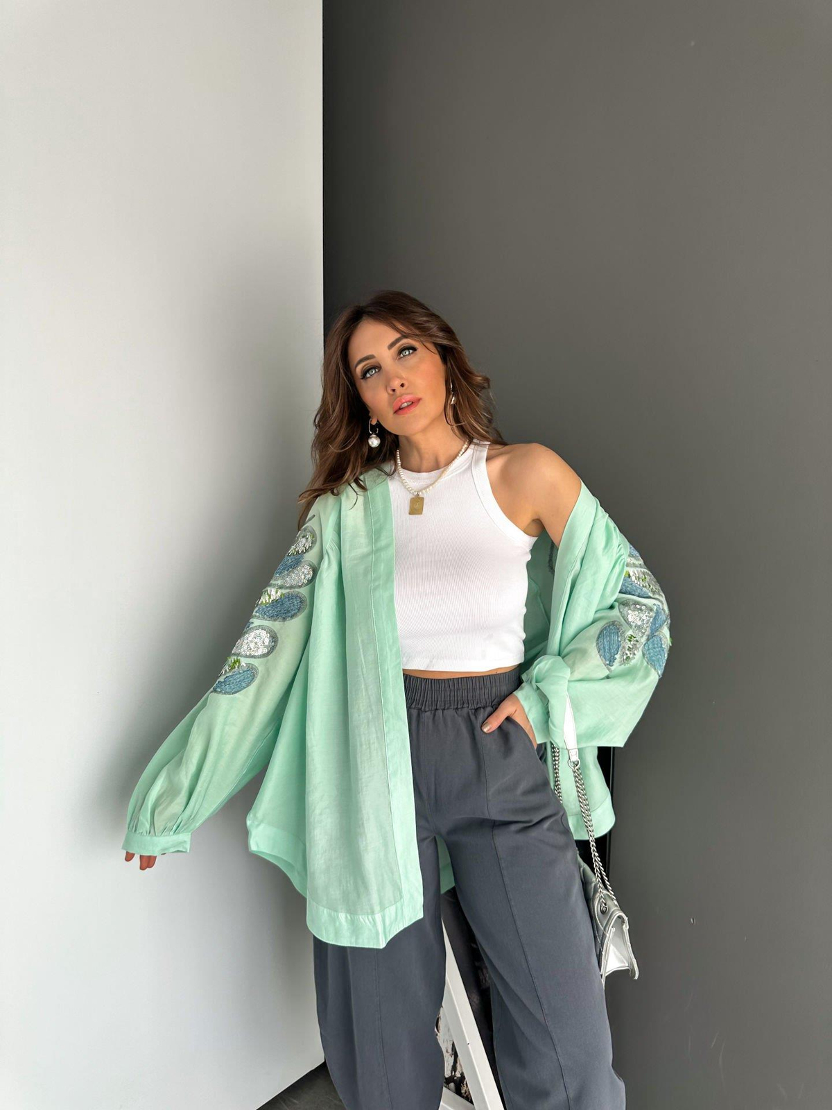 Mint Pul ve Nakış İşlemeli Kimono