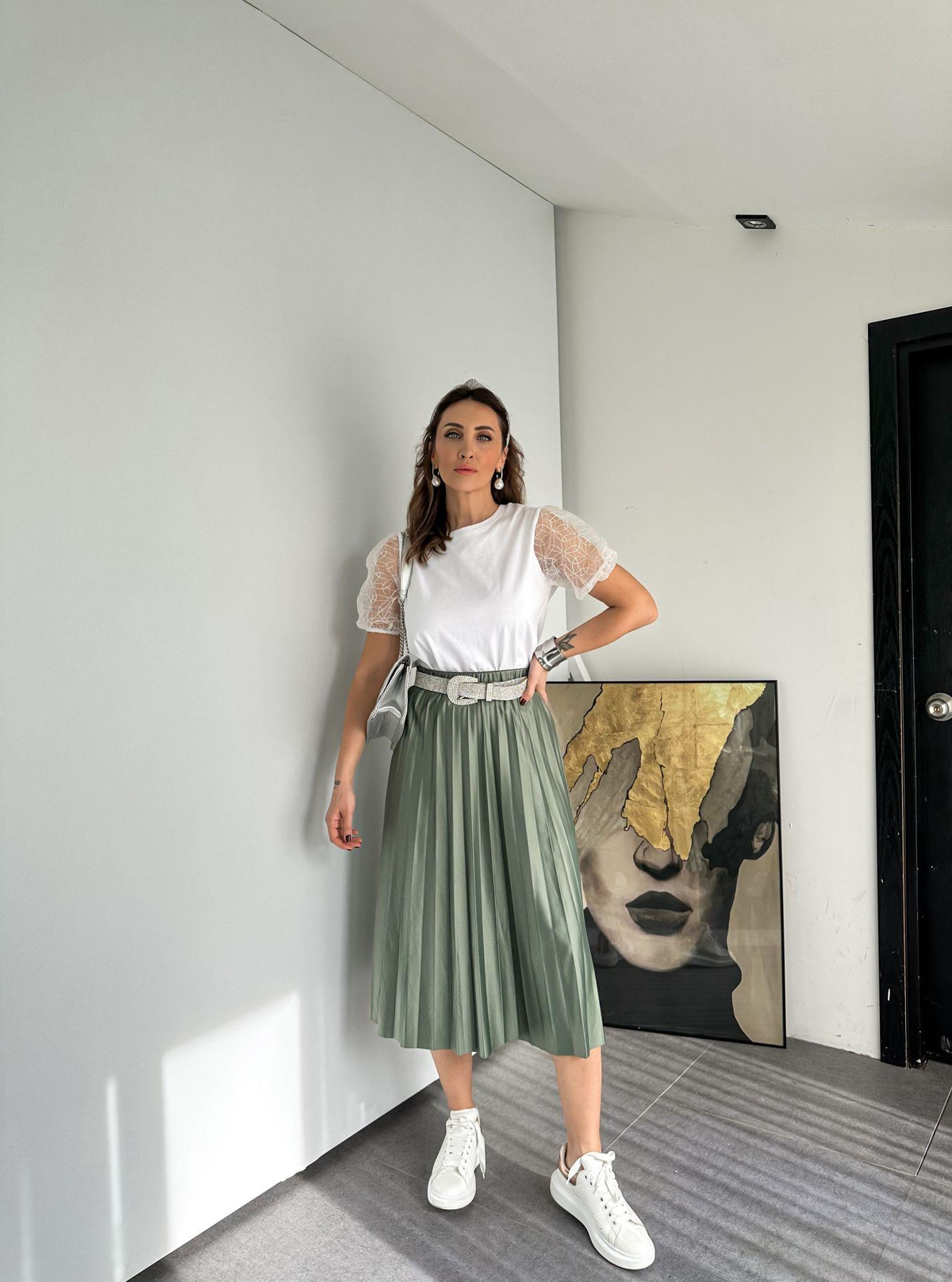 Mint Yeşili Beli Lastikli Pileli Etek