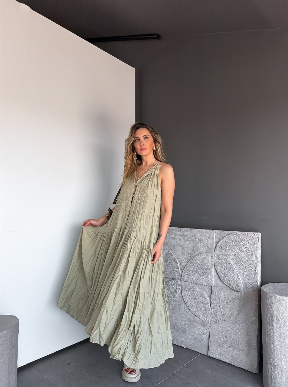 Mint Yeşili Buruşuk Kumaş Halter Yaka Elbise
