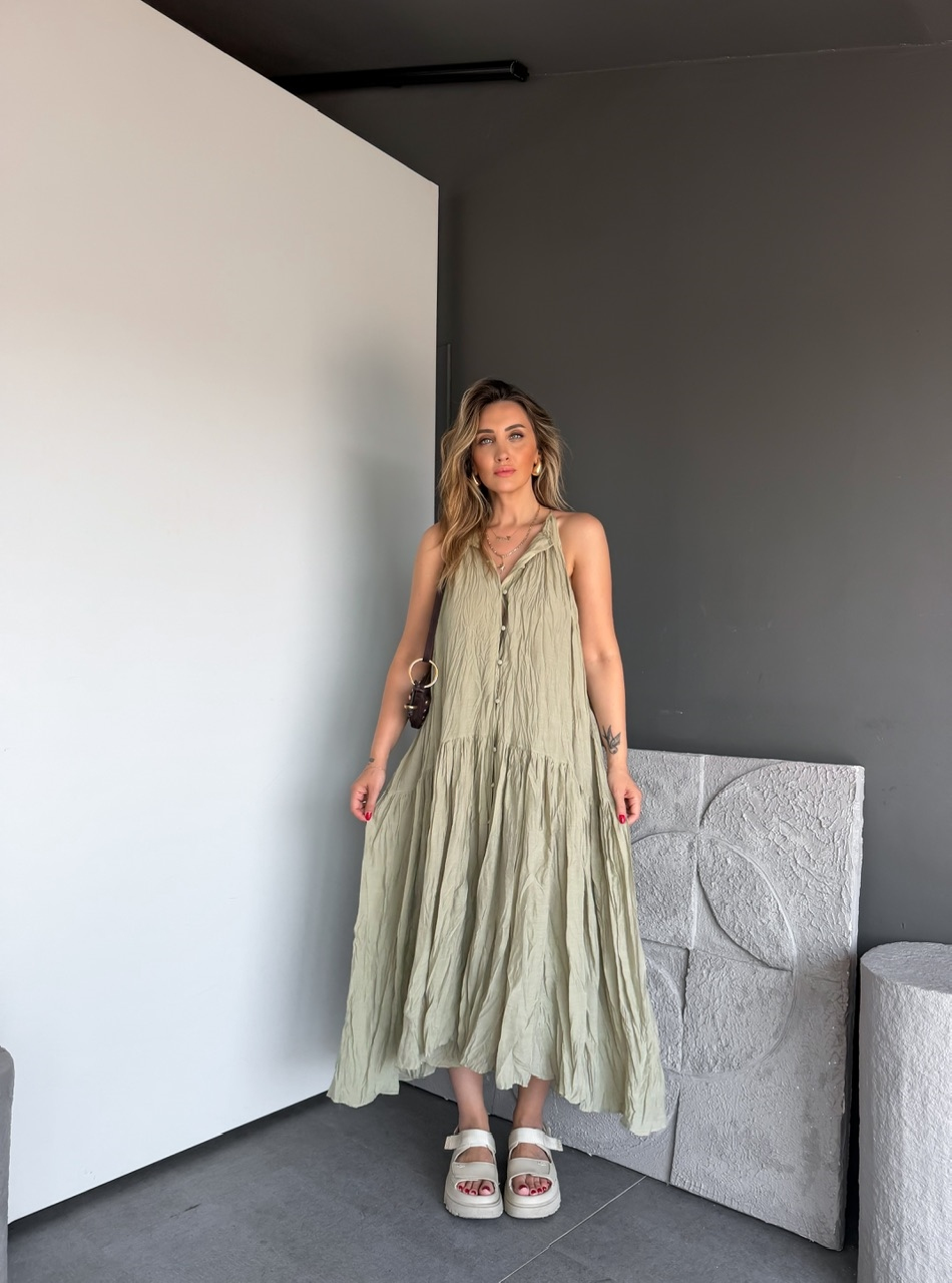 Mint Yeşili Buruşuk Kumaş Halter Yaka Elbise