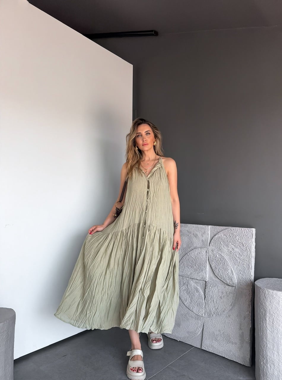 Mint Yeşili Buruşuk Kumaş Halter Yaka Elbise
