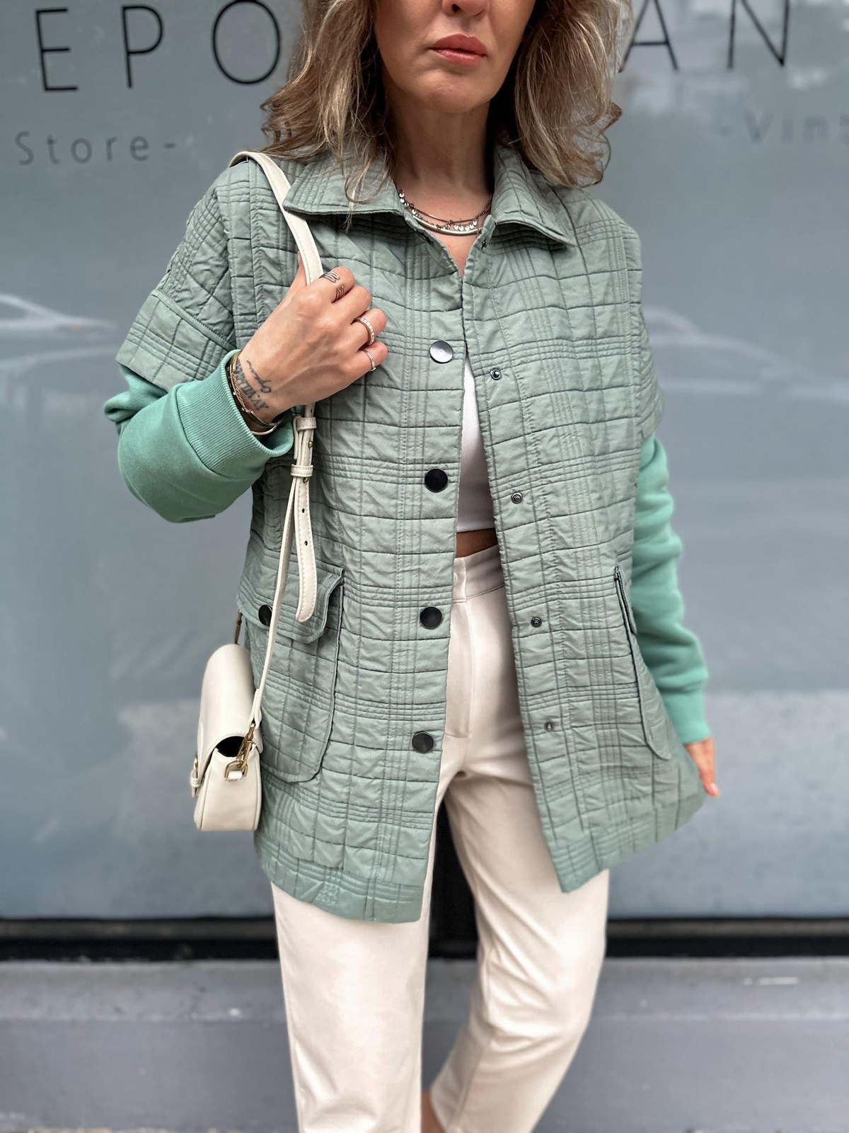 Mint Yeşili Sweat Detaylı Çıtçıtlı Ceket