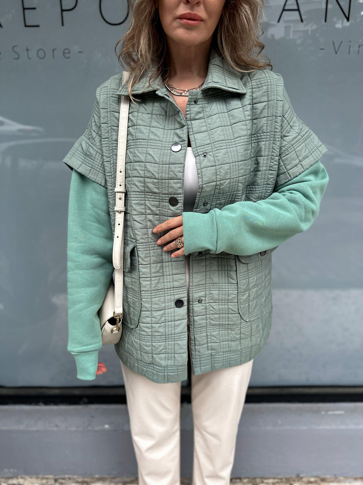 Mint Yeşili Sweat Detaylı Çıtçıtlı Ceket